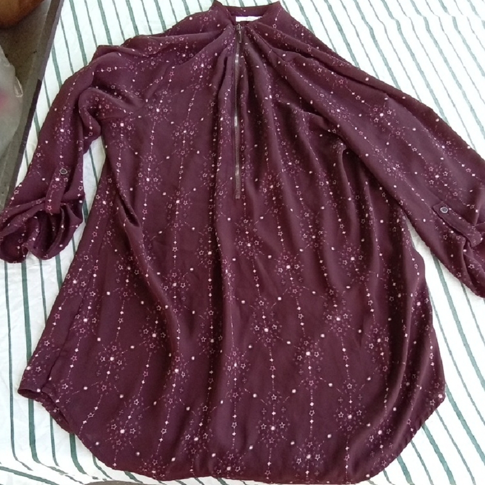 Womans L Maurices Red Relaxed 3/4 Sleeve Mandarin Collar Blouse Celestial